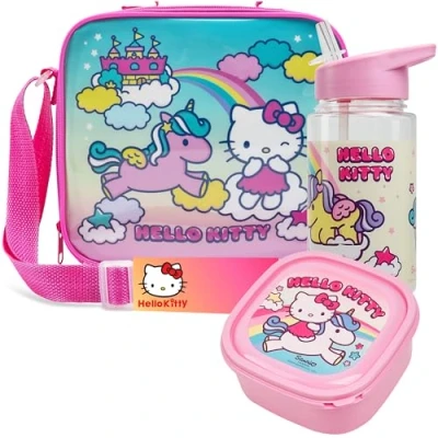 Immagine di Get Trend Hello Kitty Borsa Porta Pranzo Bambini Set 3 Pz con Senza BPA Merenda 400ml Borraccia Termica Viaggio Picnic Scuola (Hello Kitty)