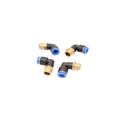 Immagine di Raccordo a innesto ad angolo pneumatico 90 1/4&quot; su 8 mm, 4 connettori push in aria compressa (R mm)
