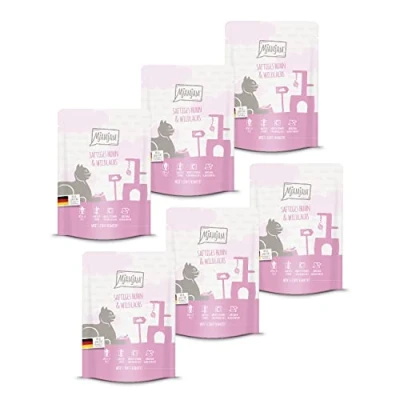 Immagine di MjAMjAM cibo umido premium per gatti Quetschie pollo succoso e salmone selvatico, confezione da 6 (6 x 300 g), senza cereali con carne extra