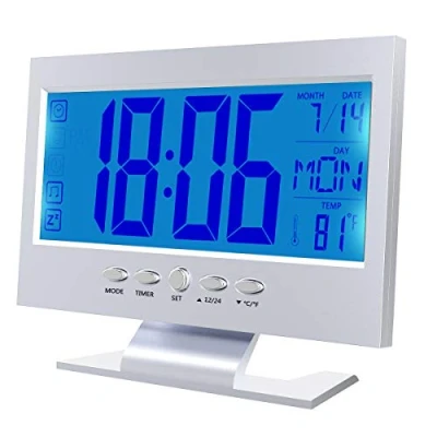 Immagine di Nicoone Sveglia Digitale,Sveglia da Comodino a Batteria con Temperatura e LED Grande Schermo,Snooze,Controllo Vocale,Argento