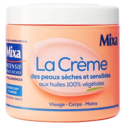 Immagine di Mixa Intensive Peaux secche La crema per pelli e sensibili, multiuso, viso, corpo, mani, piedi, nutre 24 ore lenisce, penetrazione rapida, ipoallergenica, barattolo 400 ml