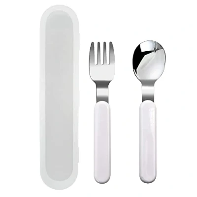 Immagine di VANRA set di posate per bambini in acciaio inox 18/10, 2 pezzi, forchetta e cucchiaio, utensili bambini, con custodia portapranzo