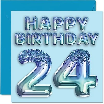 Immagine di Stuff4 Biglietto di auguri per 24 compleanno, da uomo, con palloncini blu glitterati, anni, fratello, figlio, nipote, zio, 145 mm x mm, anni