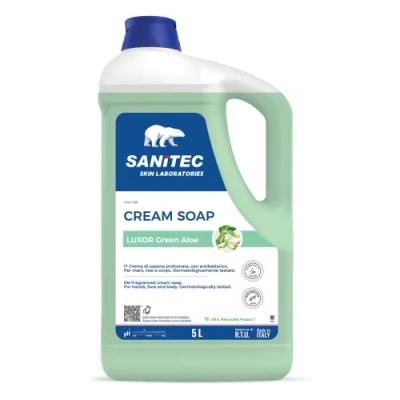 Immagine di Sanitec, Luxor Green Aloe, Crema di Sapone Profumata Idratante e Antibatterico, Deterge le Mani Lasciandole Fresche Pulite, pH 5,5, Dermatologicamente Testato, 5L 5000ml