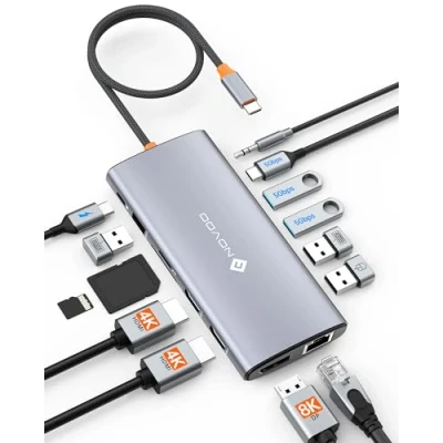 Immagine di NOVOO Docking Station USB C con Triplo Display, 14 in 1 da a Doppio HDMI 4K 60Hz Adattatore DP 8K 30Hz, 6 Porte C/A, PD 100W, RJ45, SD/TF, 3.5mm Audio per MacBook/Dell/HP/Lenovo