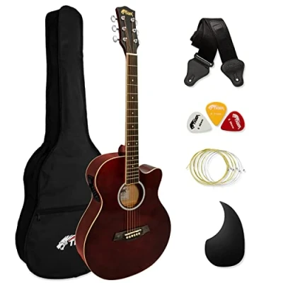 Immagine di TIGER ACG4 RD Chitarra elettroacustica 4/4 misura intera per principianti con equalizzatore a 3 bande integrato La confezione include custodia, tracolla e corde di ricambio Rossa