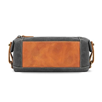 Immagine di LONDO Toiletry Bag Genuine Leather and Canvas Travel Dopp Kit Unisex Camel