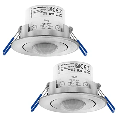Immagine di deleyCON 2x Infrarossi Rilevatore di Movimento a Soffitto All&#039;interno Portata 8m 360 Luminosità Ambientale Regolabile IP20 da Incasso Alluminio