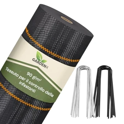 Immagine di GARDENIX tessuto non per erbacce con 50 ancore, 40 m² (0,4 m x 100 m), permeabile all&#039;acqua 90 g/m², colore nero, resistente ai raggi UV, protezione dalle erbacce, pellicola suolo,