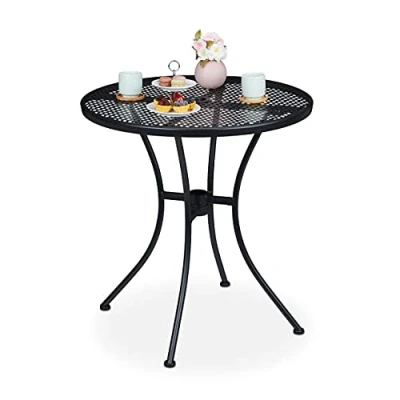 Immagine di Relaxdays Tavolino da Esterni, Balcone e Giardino, Rotondo, HxD 72 x 70cm, in Acciaio, Design a Rete, Impermeabile, Nero, 1 pz