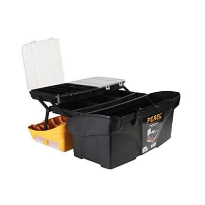 Immagine di Perel Cassetta degli attrezzi, polipropilene, cantilever, 1 organizer fisso e 2 rimovibili nel coperchio, maniglia pieghevole, chiusure in plastica, nero/giallo, 510 x 290 280 mm