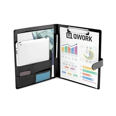 Immagine di QWORK® Portablocco A4 con Copertina, Cartella Porta Documenti Premium Contiene A5 e Biglietti da Visita (Nero)