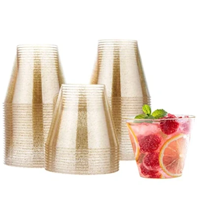 Immagine di Matana 60 Bicchieri di Plastica Rigida Trasparente con Glitter Oro (270ml / 9oz) da Festa Resistenti e Riutilizzabili Matrimoni, Compleanni, Natale, Feste
