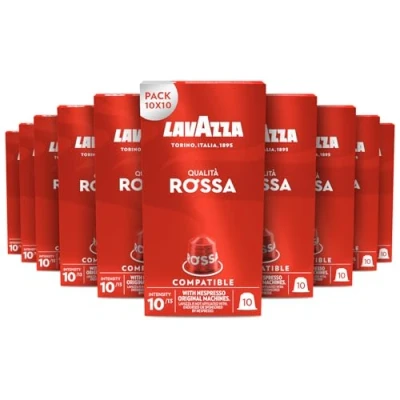 Immagine di Lavazza, Qualità Rossa, 100 Capsule di Caffè in Alluminio Compatibili con Macchine Nespresso Original, Note Cioccolato e Frutta Secca, Arabica Robusta, Intensità 10/13, Tostatura Media