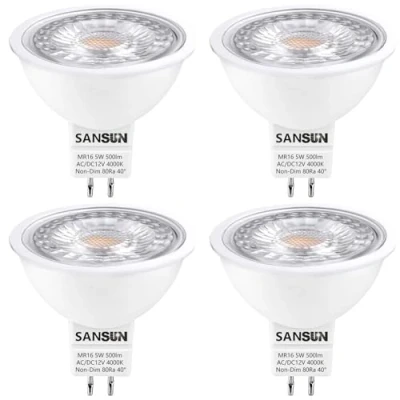 Immagine di SANSUN Lampadine LED MR16 da 5 W, ricambio alogene 12 V 50 attacco GU5.3 a due pin, luce bianca diurna 4000 K, non dimmerabili, confezione 4