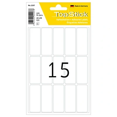 Immagine di TopStick etichette multiuso, 15 per foglio, 150 fogli, 20 x 50 mm, 2250 etichette, piccole autoadesive, adesive vuote ufficio cucina casa, bianco