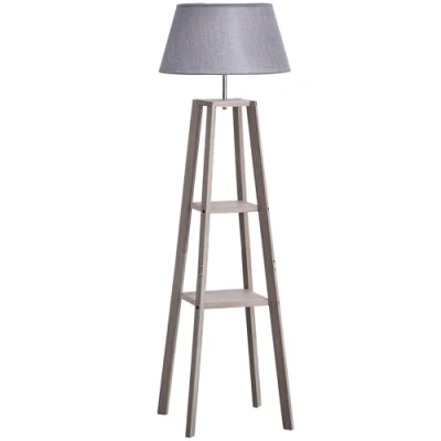 Immagine di HOMCOM Lampada da Terra in Legno, Salotto con Scaffale e Paralume Tessuto, Pavimento Interruttore a Pedale 45x45x148cm, Grigio