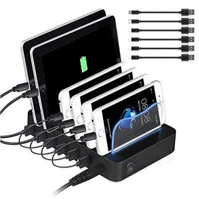 Immagine di PRITEK Stazione di Ricarica USB con Cavi corti per Dispositivi Multipli 50W/10A Organizer a 6 porte Cellulare, Tablet, Auricolare MP4 e altri Gadget Abilitati (Nero)