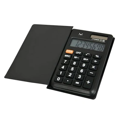 Immagine di Majestic K10 Calcolatrice Tascabile, display 8 cifre, doppia alimentazione: solare e a batteria AG10, custodia protettiva inclusa