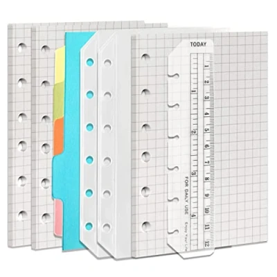 Immagine di DY.2ten Set di ricariche per quaderni, formato A7, 6 fori, 135 fogli (270 pagine), carta grafica, 2 tasche A7 raccoglitori con cerniera, 5 divisori + righello, Filofax