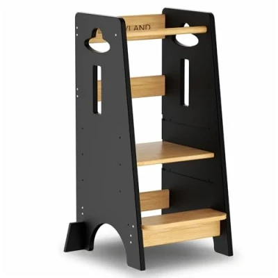 Immagine di COSYLAND Torre Montessoriana da 1 Anno bambini in Legno Più Spesso Torretta con Scala Regolabile a 3 Altezze per Bambini(Nero&amp;Naturale)
