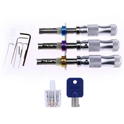Immagine di Loboo Idea Set di grimaldelli tubolari in rame a 3 pezzi e lucchetto tubolare trasparente 7 pin per fabbri principianti professionisti (HUK, blu)