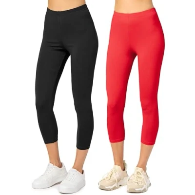 Immagine di Merry Style Leggings Donna 3/4 Pantaloni Capri Morbidi e Confortevoli Leggins in Cotone Traspirante Elastici Delicati sulla Pelle Sensibile (2 Pack) MS10 199 (Nero/Rosso, S)