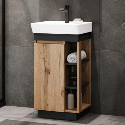 Immagine di Planetmöbel Nyx Set di mobili da bagno, 2 pezzi, lavabo con mobiletto, 45 x 85,9 42 cm, in rovere Wotan/antracite, rubinetto, colore: Nero