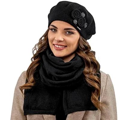 Immagine di Vivisence Set Invernale da Donna Berretto E Sciarpa in Lana di Alta qualità, Caldi Confortevoli, Perfetti per Le Giornate Fredde, Nero,Taglia Unica