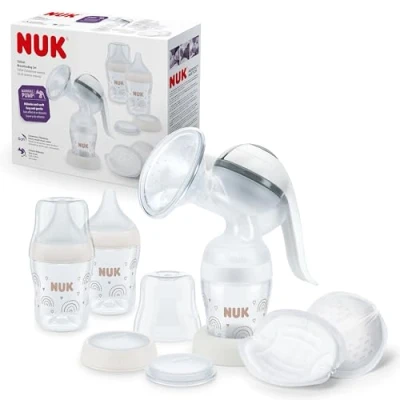 Immagine di NUK tiralatte manuale Cuscinetto in morbido silicone Leva ergonomica 2 x biberon Perfect Match 150 ml cuscinetti per il seno monouso High Performance