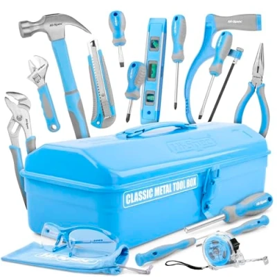 Immagine di Hi Spec set di attrezzi per principianti da 33 pezzi con cassetta in metallo. Un strumenti il fai te completo bambini ed adulti