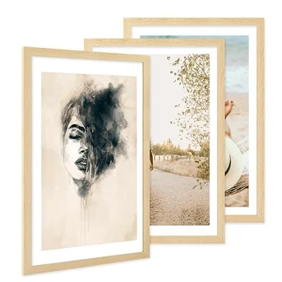 Immagine di PHOTOLINI cornici 40x60 cm legno MDF naturale, set di 3 larghe, moderne, plexiglass infrangibile, da parete, accessori extra per una parete dal look raffinato