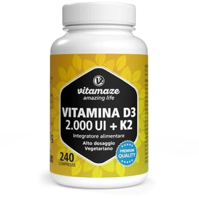 Immagine di Vitamaze® vitamina D3 K2 ad alto dosaggio, + 100 mcg di MK7 Tutti i Trans, 240 compresse D senza additivi inutili, prodotto in Germania