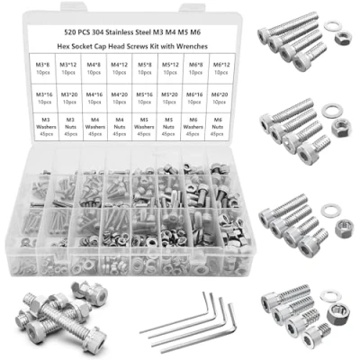 Immagine di LUZOON M3 M4 M5 M6 520 Pezzi Bulloni e Dadi Rondelle Acciaio Inossidabile 304 Set,Viti Bulloni,Esagonali Viti Rondelle,Viti Assortimento a Brugola