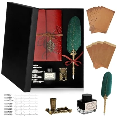 Immagine di KIMIGO Set Inchiostro Penna Piuma,Penna a immersione,Penna piuma con portapenne,taccuino in pelle,inchiostro,8 punte di ricambio,portapenne,carta da lettere e buste,set scrittura per idee regalo