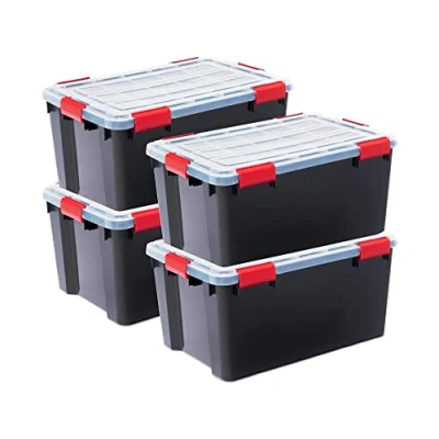 Immagine di Iris Ohyama, Scatole Portaoggetti Ermetiche in Plastica, 50L, Set di 4, Nero, Coperchio Impermeabile, con Chiusura, Impilabile, Per Esterni, Garage, Vestiti, Antipolvere, Senza BPA, DDAT L