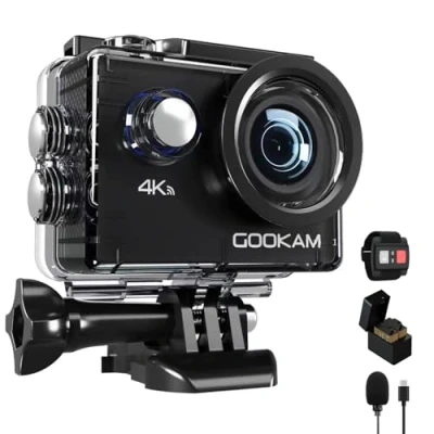 Immagine di GOOKAM 4K Action Cam 20MP WIFI Telecomando Fotocamera Subacquea Impermeabile 40M Sott&#039;acqua Sports Camera Schermo 2 Pollici 170 gradi Grandangolare Microfono Esterno 2x1050mAh batterie e Accessori