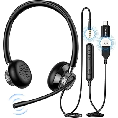 Immagine di New bee Cuffie con Microfono, Filo PC, Stereo da 3.5 mm Tipo C USB Auricolari per Telefono Headset Business Computer Pad Smartphone(1 pezzo)