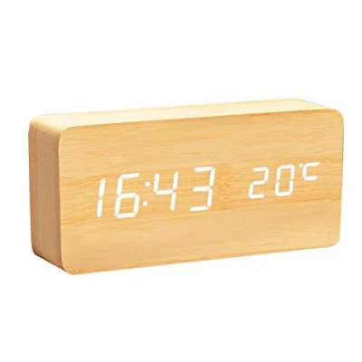 Immagine di ThreeH Sveglia LED in Legno,Cuboid da Tavolo Digitale, 3 Set di Allarme/Doppia Alimentazione/Controllo Vocale/Visualizzazione Ora/Settimana/Data/Temperatura/umidità Yellow_White