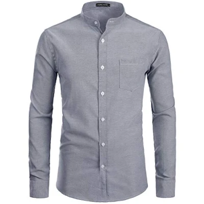 Immagine di PARKLEES Camicia da uomo in tessuto Oxford con colletto a vita bassa, vestibilità aderente, maniche lunghe, casual, bottoni e tasca, Pz112 grigio, XL