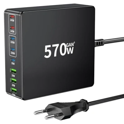 Immagine di HSSNS caricatore USB C da 570 W multiplo: stazione di ricarica con 5 e 3 A, Dual PD PPS alimentatore rete per laptop, MacBook, iPad, iPhone 16, Sumsung ecc