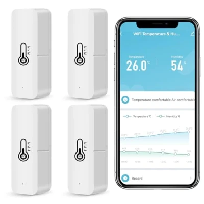 Immagine di termometro igrometro WiFi intelligente, sensore di temperatura e umidità Bluetooth per interni ed esterni, Alexa/Google Assistant App Remoto casa. 4 confezione