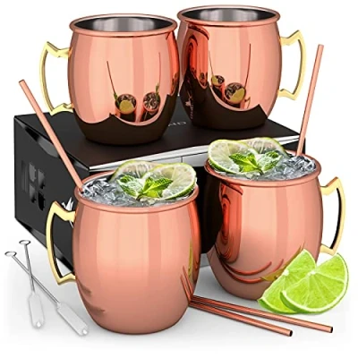 Immagine di Beyond Moscow Mule set di tazze in rame tazza con cannucce e confezione regalo, Mosca superficie tradizionale liscia come da gin per cocktail (set 4)