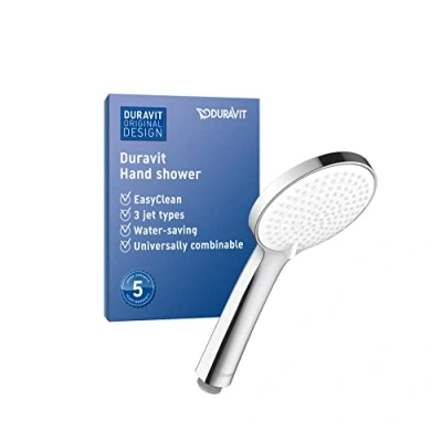 Immagine di Duravit Universal Doccetta a mano, Doccia con 3 tipi di getto (Rain, Intense Rain, Soft Rain), mano rotonda (Ø 110 mm), funzione MinusFlow risparmio idrico, Cromo/Bianco