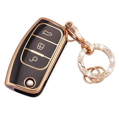 Immagine di Koaudb Cover per Portachiavi Auto Guscio Adatto Ford Focus Fiesta Galaxy Kuga C Max S Mondeo MK4 3 Pulsanti Flip Custodia Chiavi Pieghevole con Oro Nero (R Frd 3F B)