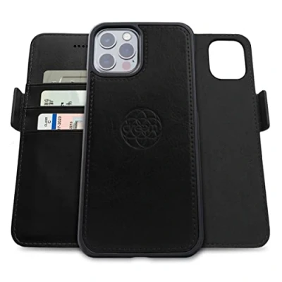 Immagine di dreem Fibonacci compatibile con iPhone 13 Pro custodia a portafoglio/custodia antiurto 2 in 1 e folio pelle vegana staccabile, MagSafe, protezione RFID [Nero]
