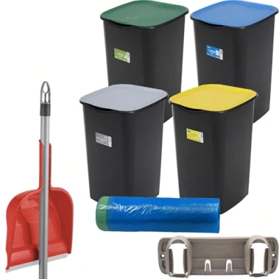 Immagine di SICIGNANO Set Pattumiere Riciclo con Coperchio Raccolta Differenziata Carta Vetro Plastica Indifferenziata 50 Litri, 15 Sacchetti Colorati, Paletta e Appendiscope Colori Assortiti