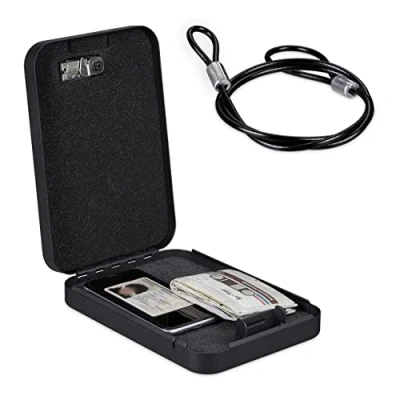 Immagine di Relaxdays Cassetta di Sicurezza Portatile, Combinazione Numeri e Cavo, Mini Cassaforte, Acciaio, HLP 5,5x17x25 cm, Nero