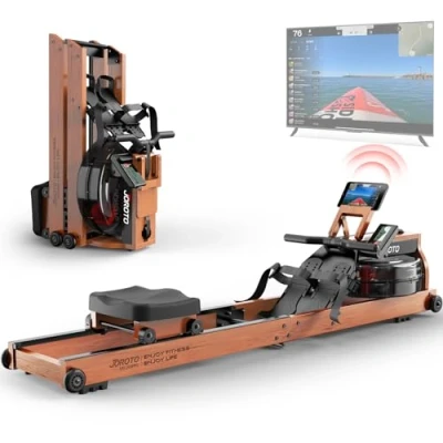 Immagine di JOROTO Vogatore ad Acqua per casa, Pieghevole in Legno di Quercia Capacità Peso 150kg con Monitor Bluetooth, Supporto Tablet Regolabile