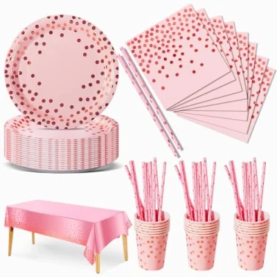 Immagine di Nkaiso 126 Pezzi Rosa e Oro Stoviglie per Feste, Festa Decorazioni Set Include Piatti di Carta Tovaglioli Tazze Cannucce Tovaglia,per Nuziale Matrimonio,Compleanno 25 Ospiti